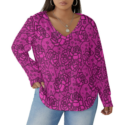 Women's Pink Lace Style Roses V-neck T-shirt With Curved Hem(Plus Size)