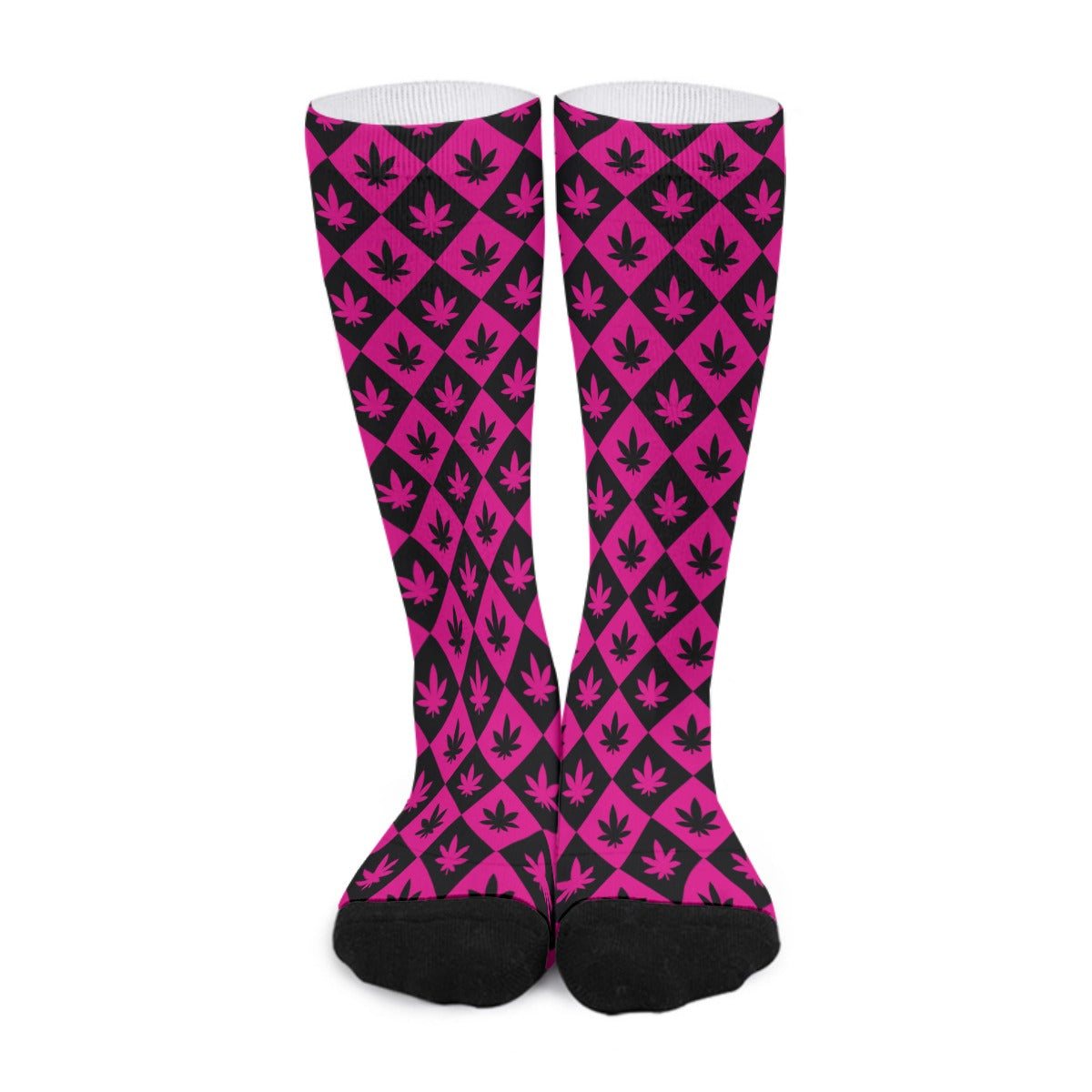 Black & Pink Stoners Only Weed Leaf Checker Board Long Socks