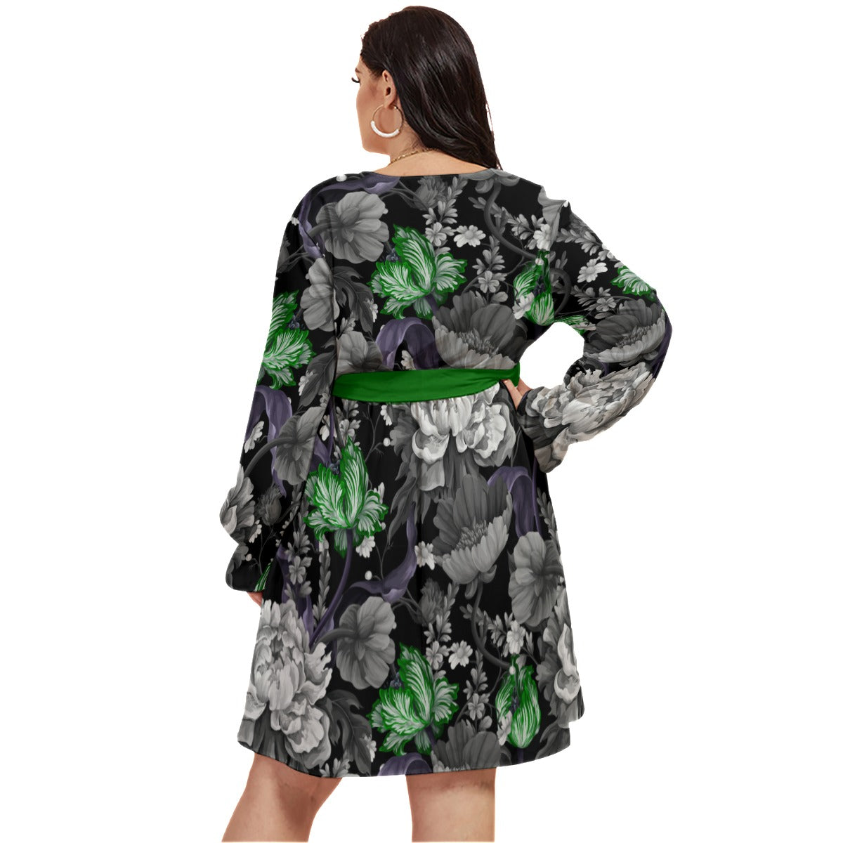 Green Vintage Tulips & Peonies Women's V-neck Dress With Waistband  (Plus Size)