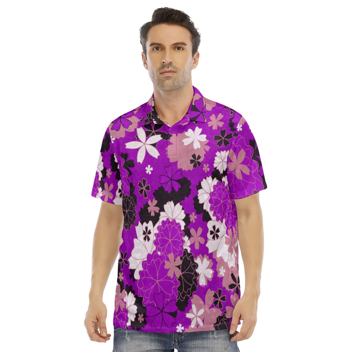 Japanese Style Flowers Men's Polo Shirt | Velvet