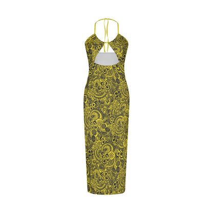 Yellow With Black Flowers Women's Sexy Hollow Cami Dress