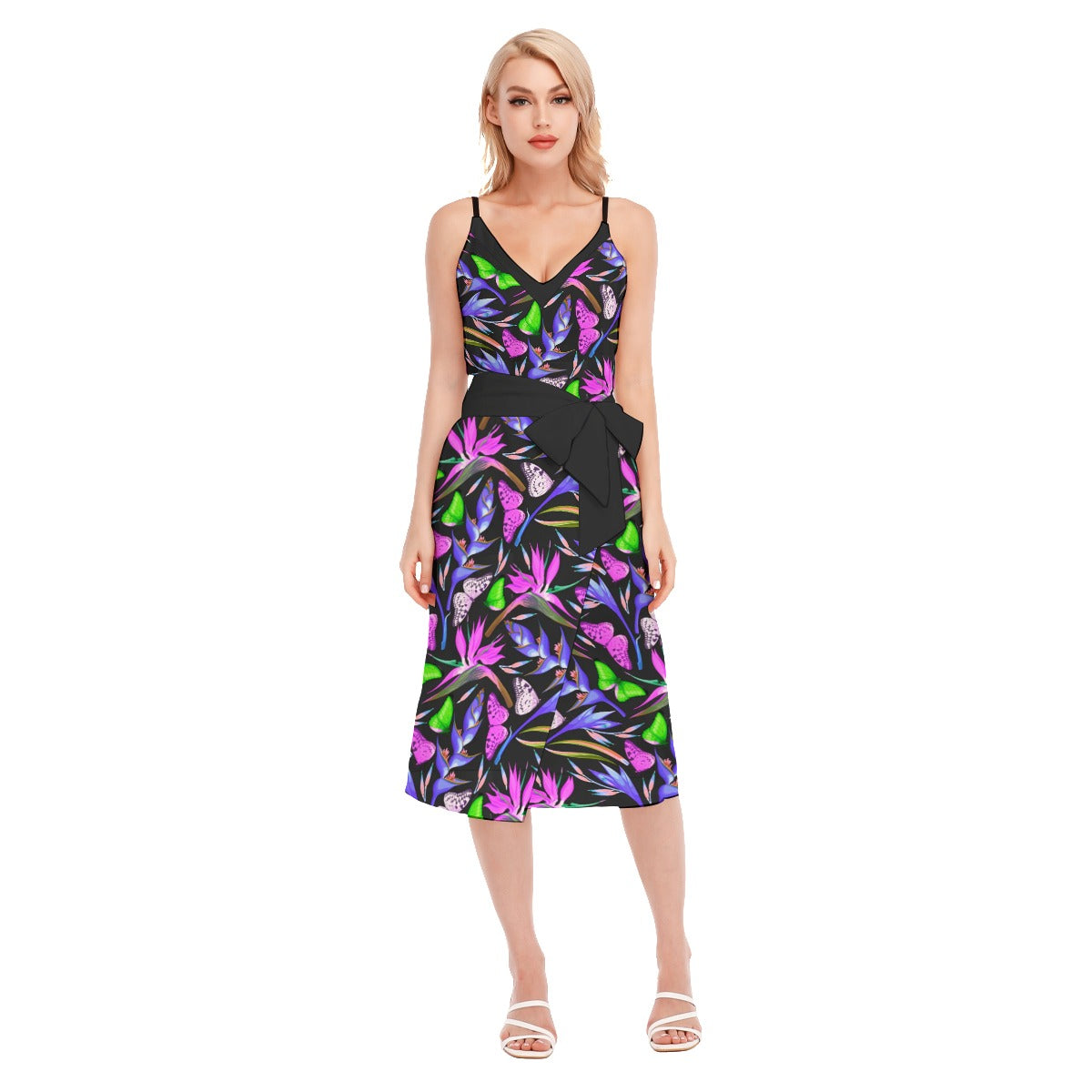 Tropic Summer Women's V-neck Cami Dress With Waist Band