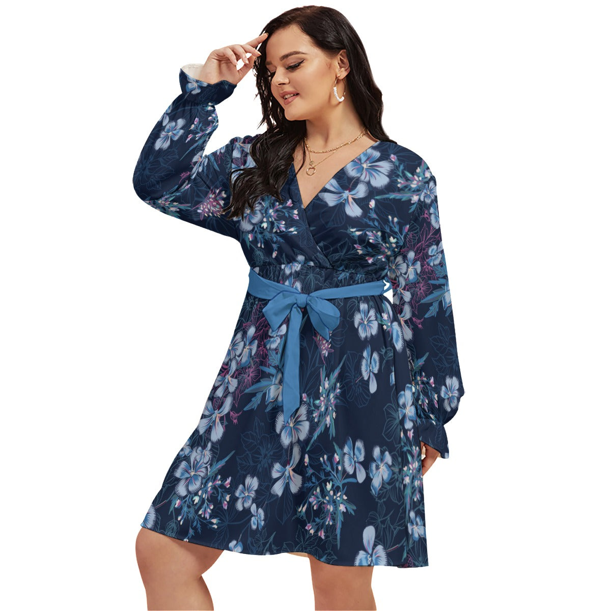 Blue Flowers Women's V-neck Dress With Waistband (Plus Size)