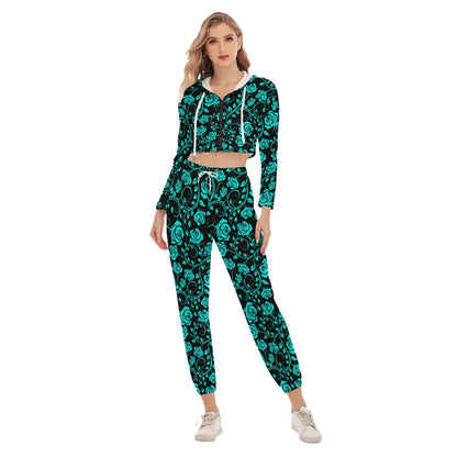 Black & Teal Roses Women's Crop Hoodie Sports Sets