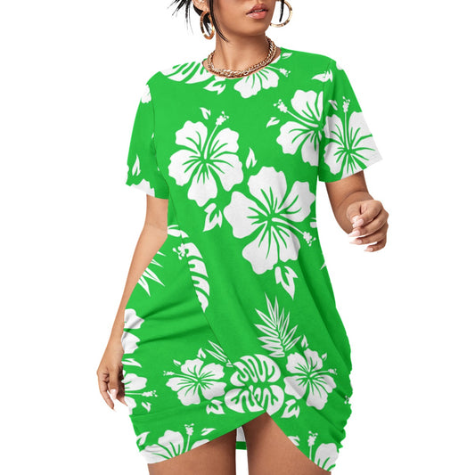 Green Aloha Women’s Stacked Hem Dress With Short Sleeve （Plus Size）