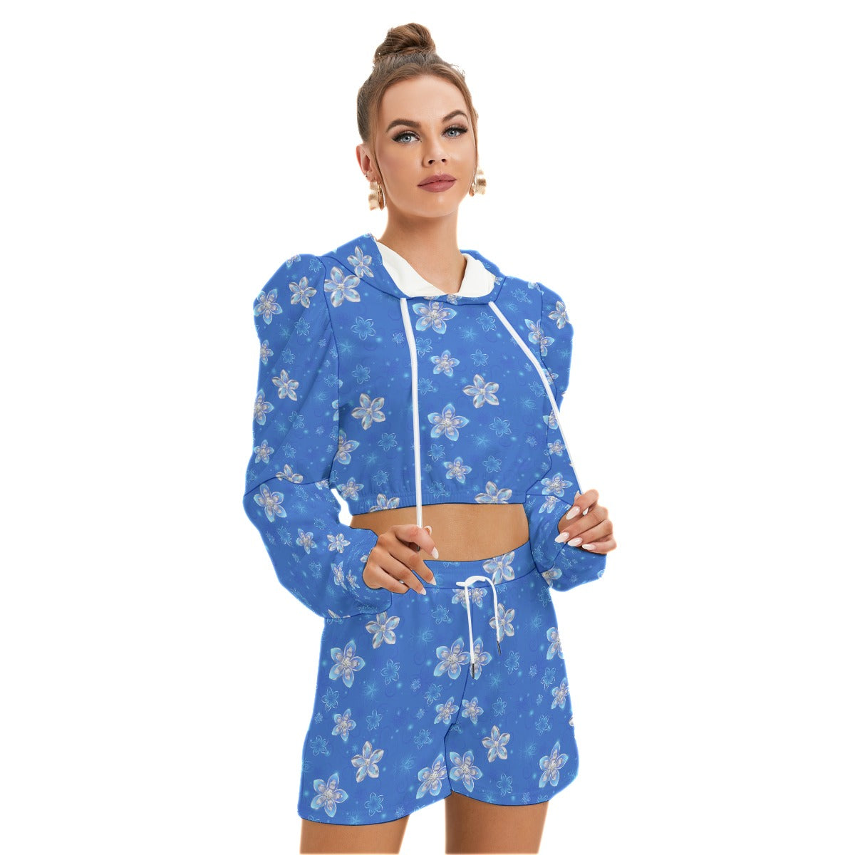 Blue With Silver Flowers Women's Mirco Fleece Hoodie And Shorts Set