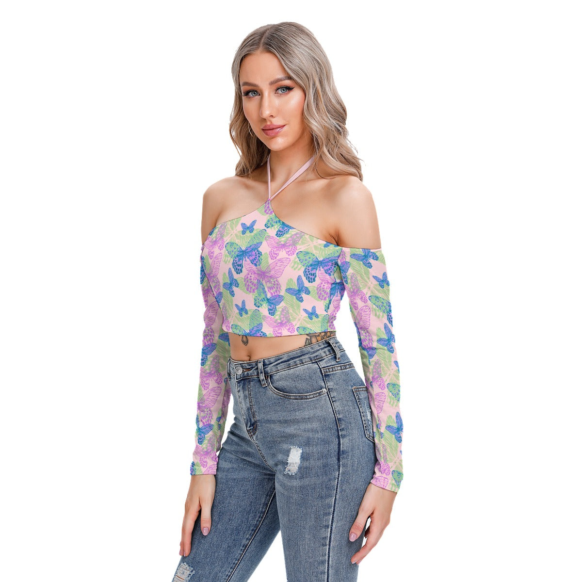 Colorful Butterflies Women's Halter Lace-up Top