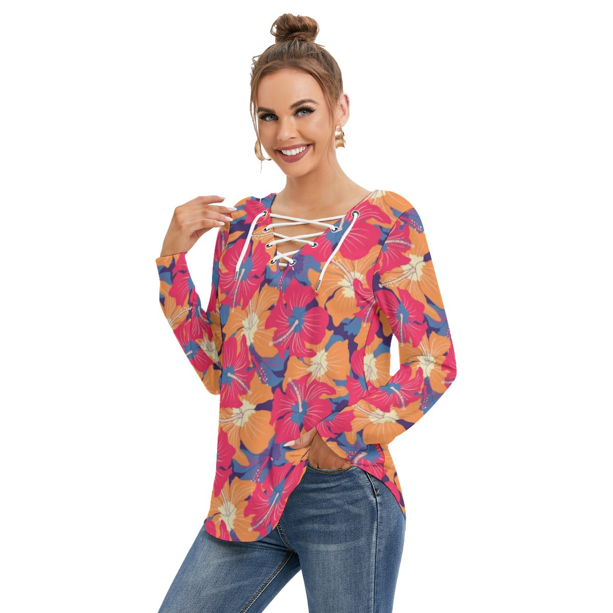 Tropical Flowers Women's Long Sleeve Neckline Tie Sweatshirt