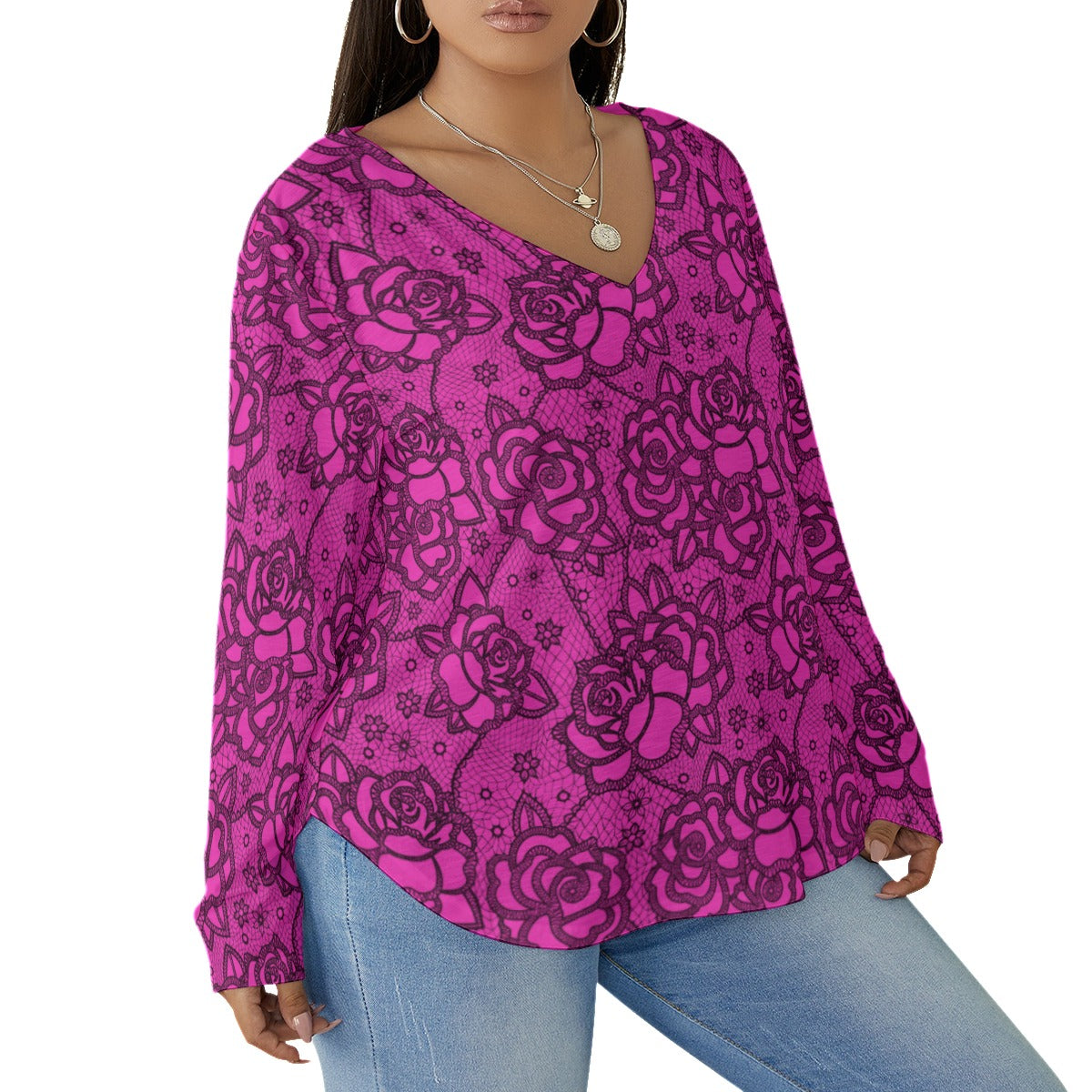 Women's Pink Lace Style Roses V-neck T-shirt With Curved Hem(Plus Size)