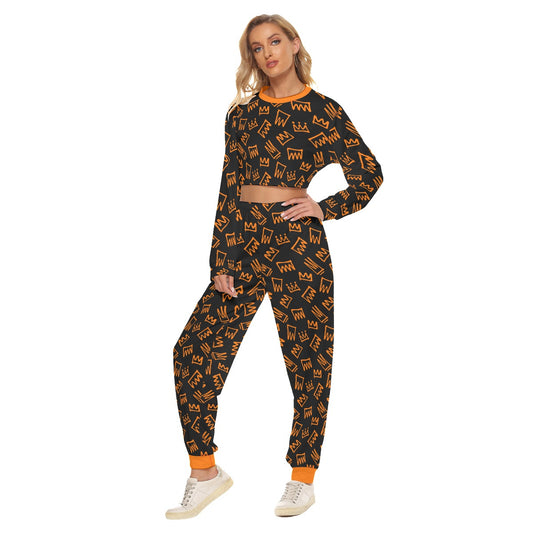 Graffiti Style Crowns Women's Crop Sweatshirt Suit