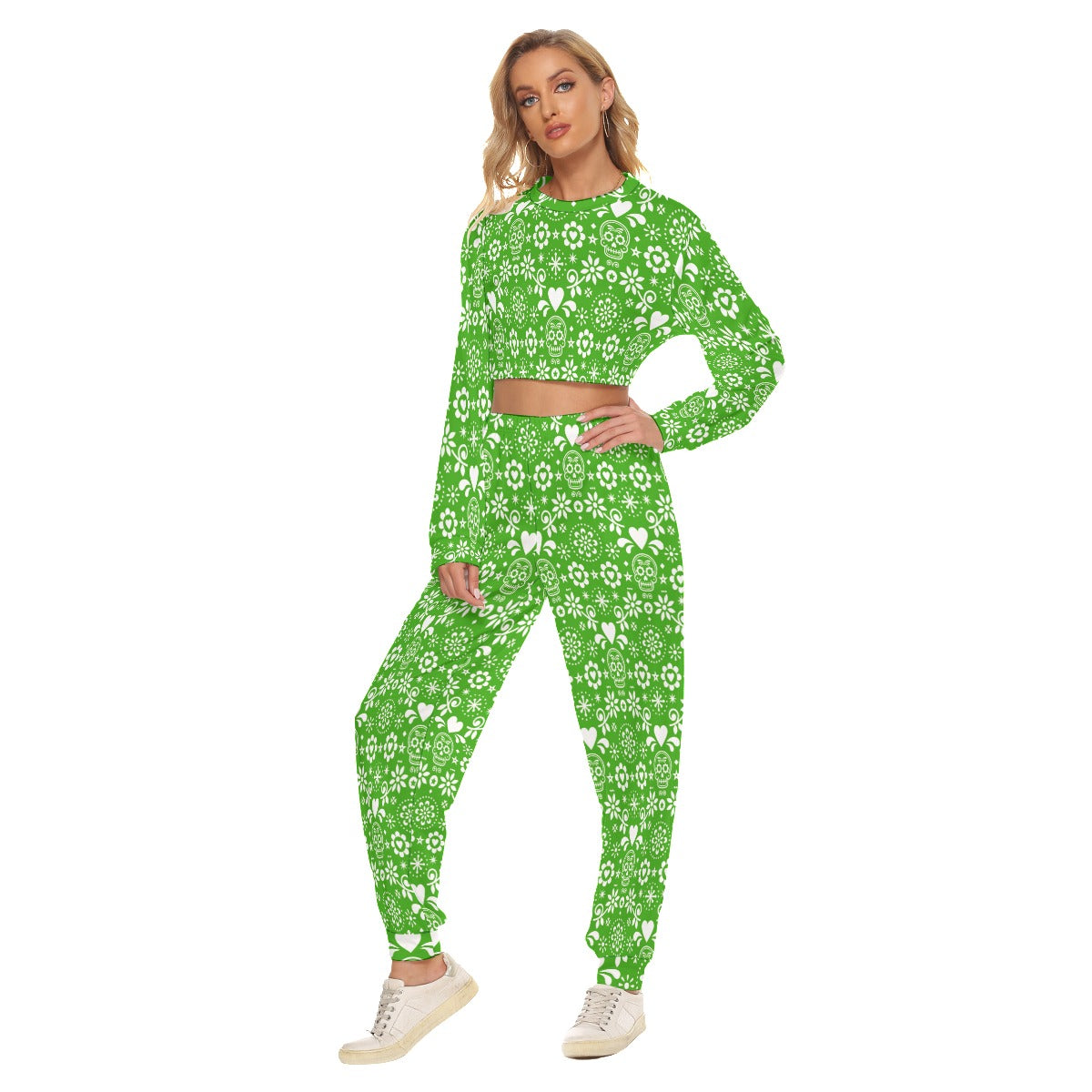 Green & White Sugar Skulls Women's Crop Sweatshirt Suit