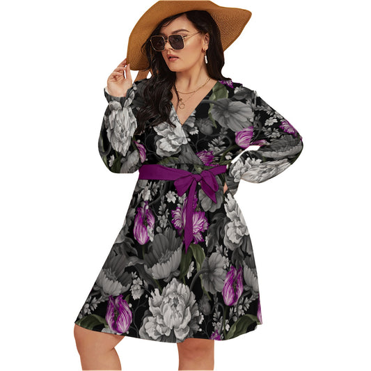 Purple Vintage Tulips & Peonies Women's V-neck Dress With Waistband  (Plus Size)