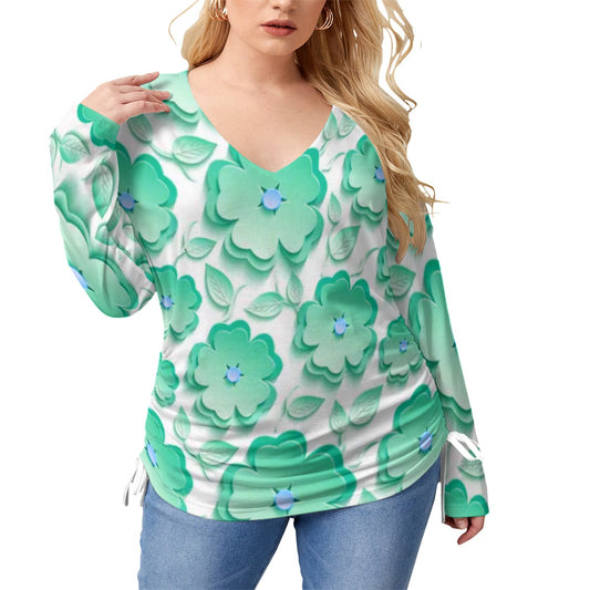 Teal Sakura Flowers & Leaves Women’s V-neck T-shirt With Side Drawstring(Plus Size)