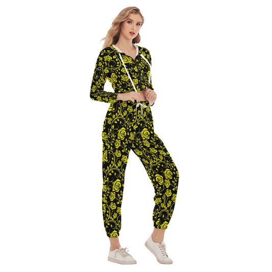 Black & Yellow Roses Women's Crop Hoodie Sports Sets