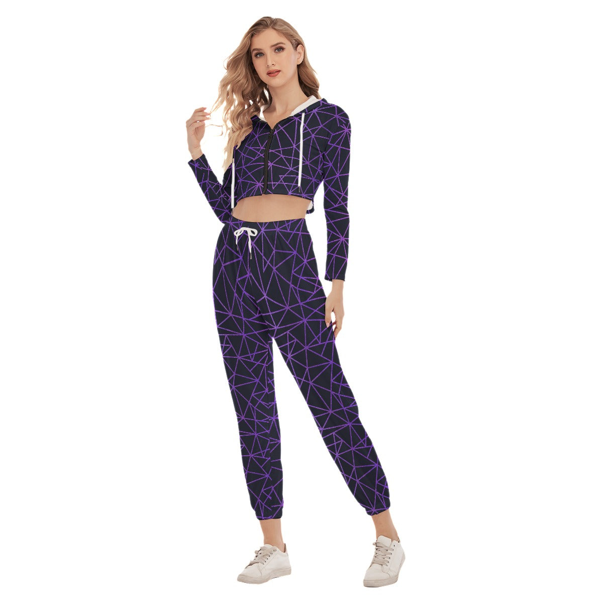 Purple & Black Triangle Women's Crop Hoodie Sports Sets