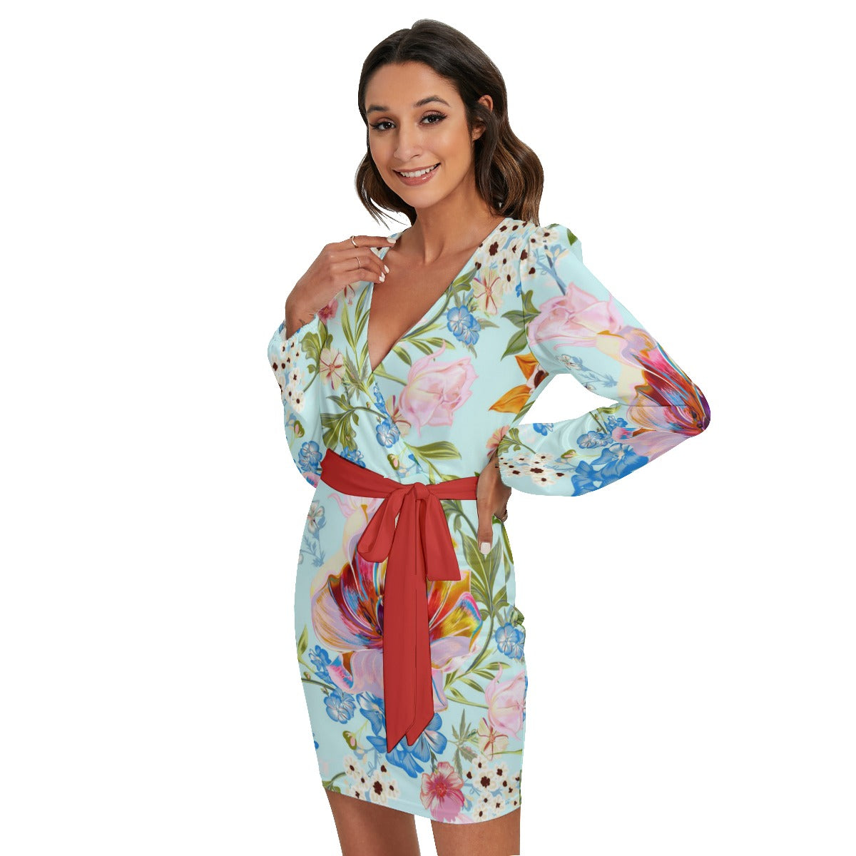 China Flowers Bright Buds Women's Long Sleeve Dress With Waist Belt