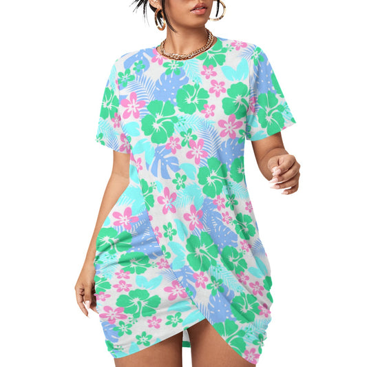 Tropical Hawaiian Flowers Women’s Stacked Hem Dress With Short Sleeve（Plus Size）