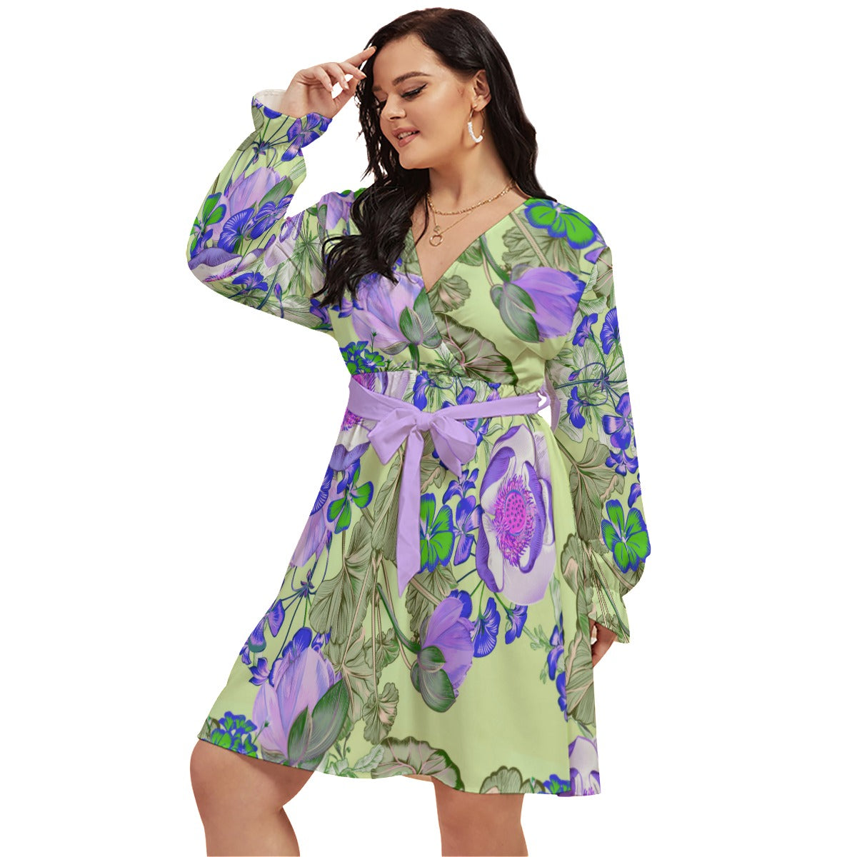 Beautiful Flowers Women's V-neck Dress With Waistband (Plus Size)