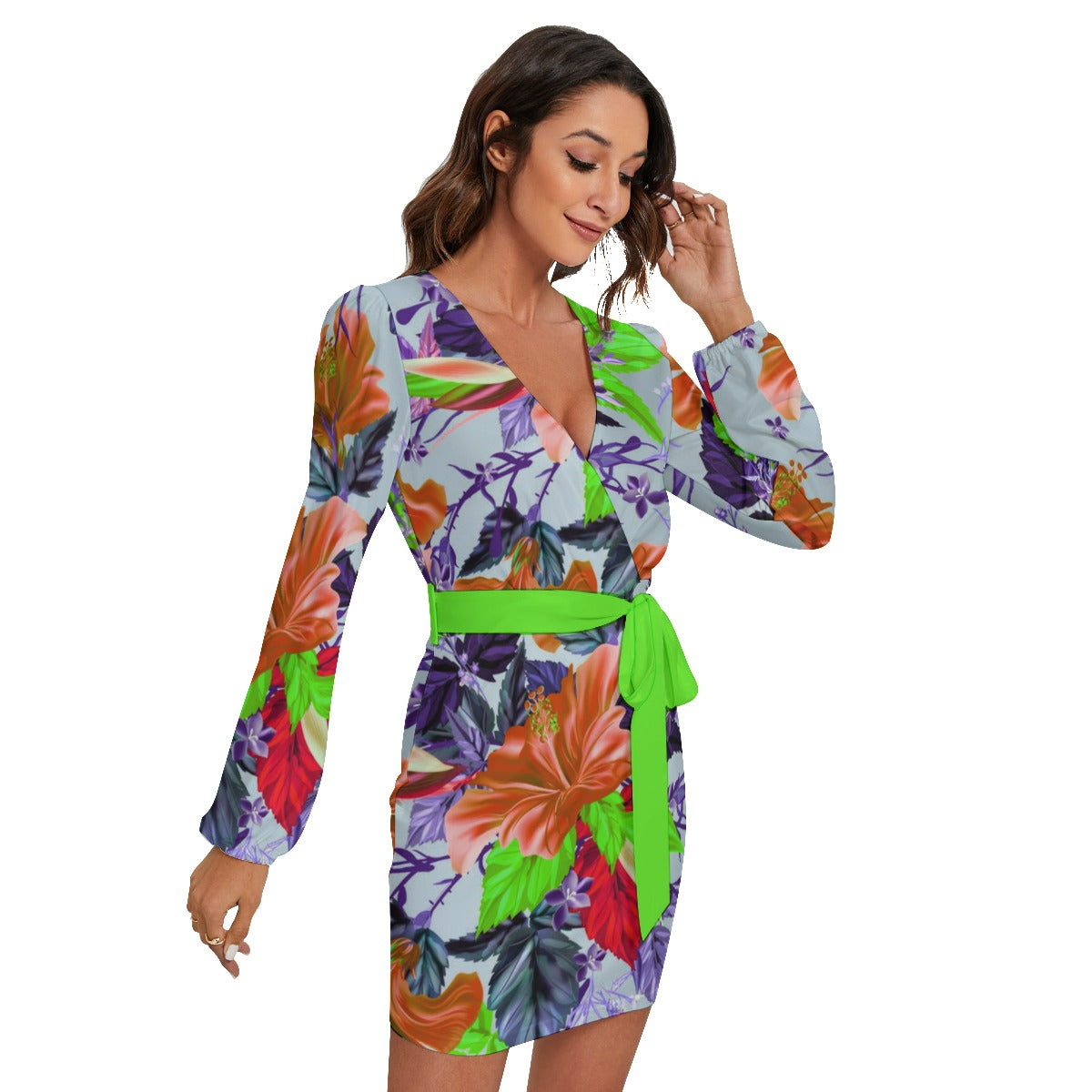 China Flowers Bright Buds Women's Long Sleeve Dress With Waist Belt