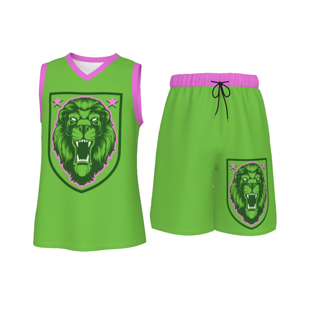 Green & Pink Lion Shield Men's V Neck Basketball Suit