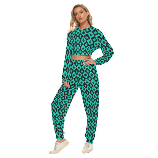 Black & Teal Stoners Only Weed Leaf Checker Board Women's Crop Sweatshirt Suit