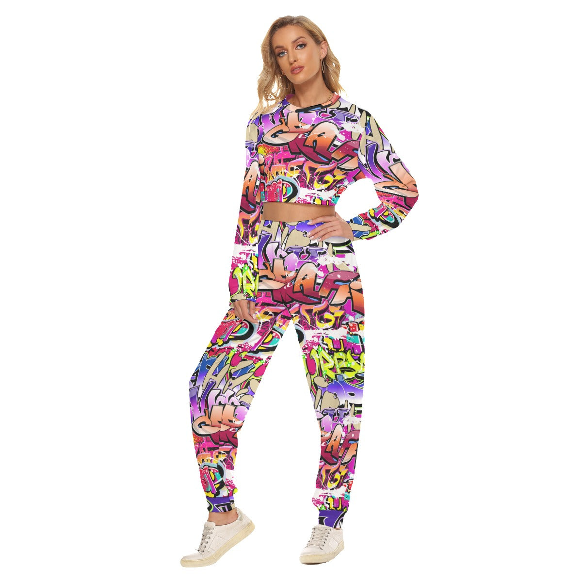 Graffiti Style Women's Crop Sweatshirt Suit