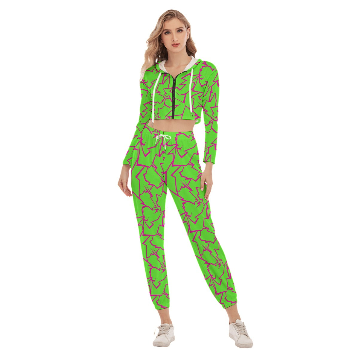 Green & Pink Lightning Strikes Women's Crop Hoodie Sports Sets