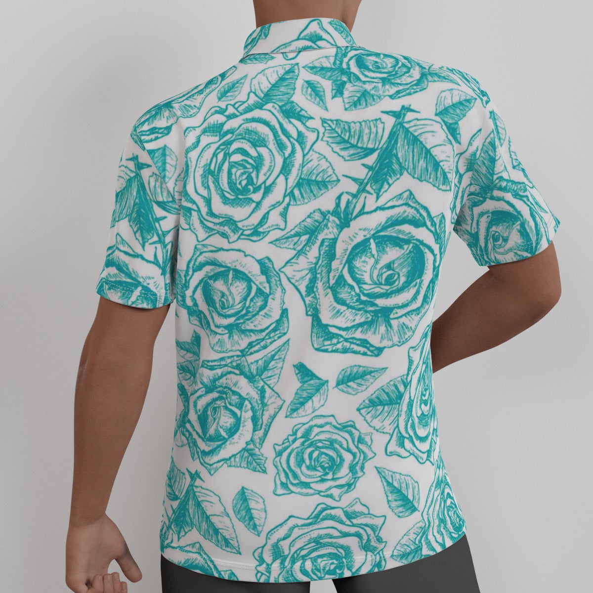 Teal & White Roses Men's Button Up