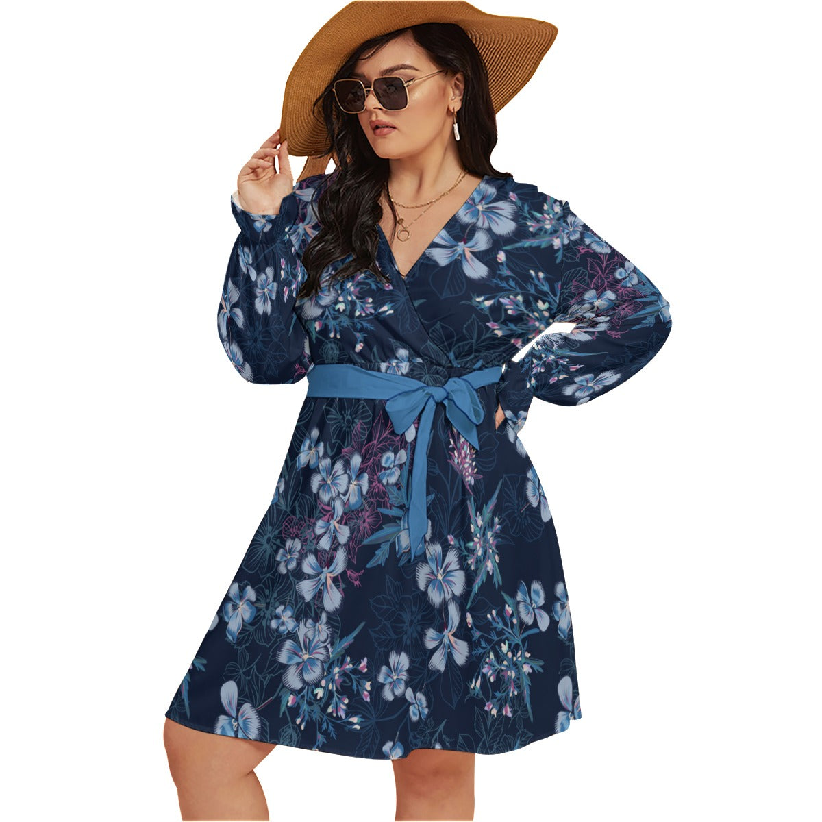 Blue Flowers Women's V-neck Dress With Waistband (Plus Size)