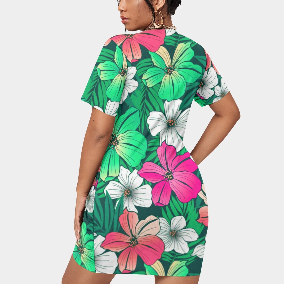 Women’s Tropical Summer Stacked Hem Dress With Short Sleeve（Plus Size)