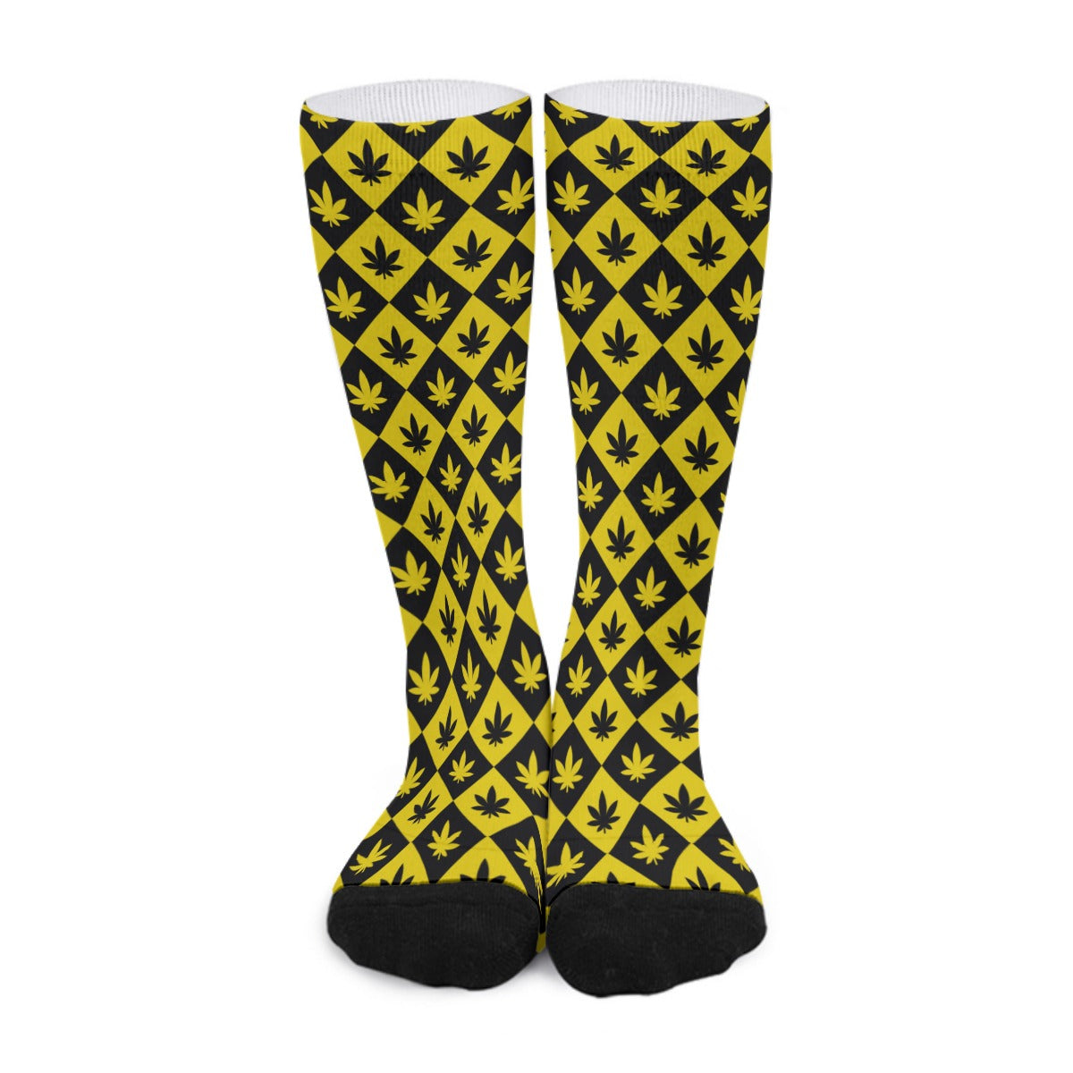 Black & Yellow Stoners Only Weed Leaf Checker Board Long Socks