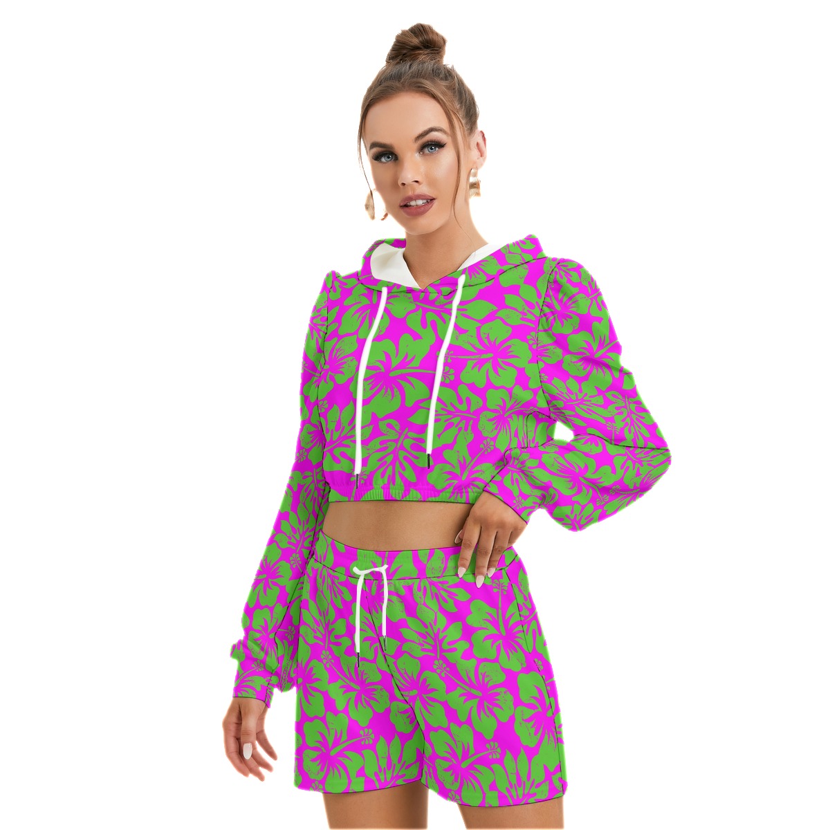 Tropical Hibiscus Flowers Women's Mirco Fleece Hoodie And Shorts Set