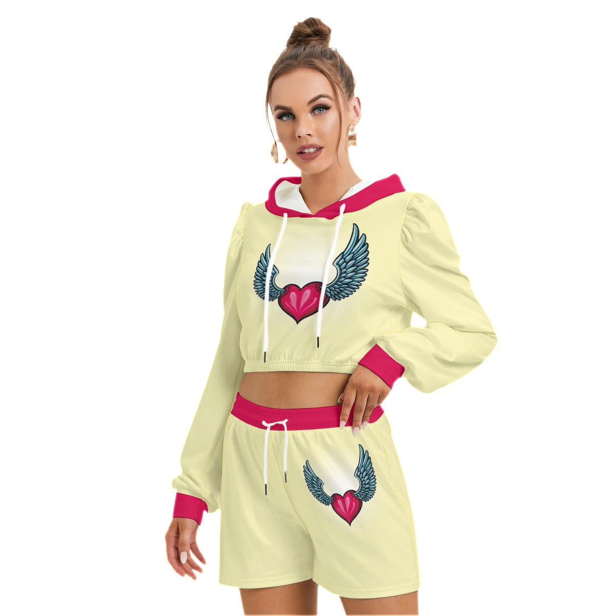 Cute Heart Love With Wings Women's Mirco Fleece Hoodie And Shorts Set