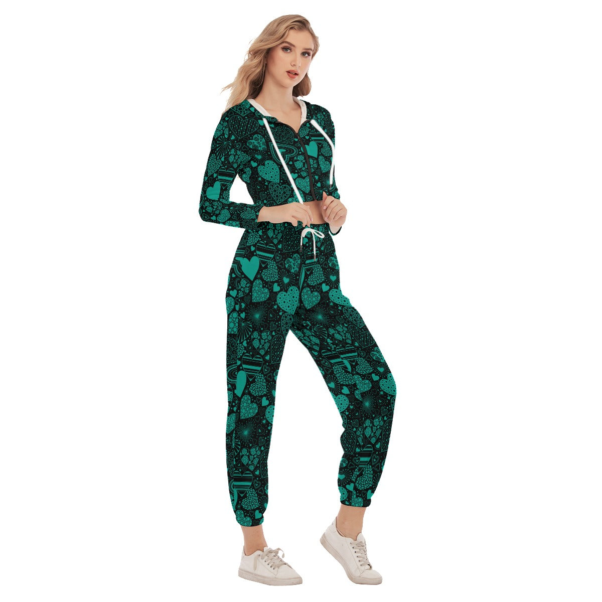 Black & Teal Hearts Women's Crop Hoodie Sports Sets