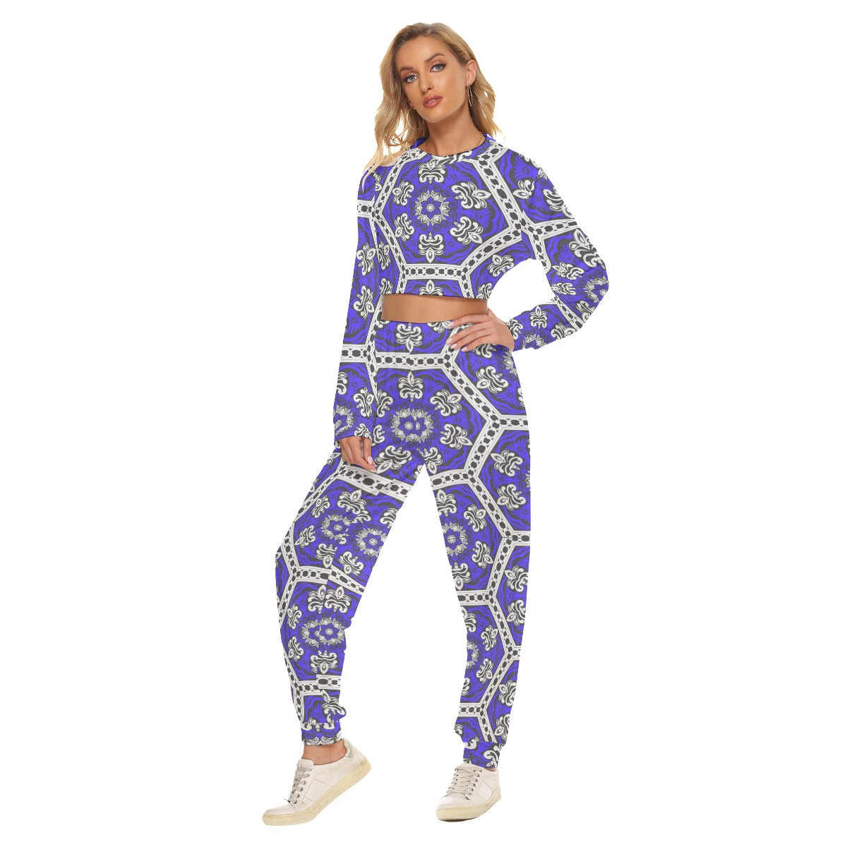 Blue Ventage Style Women's Crop Sweatshirt Suit