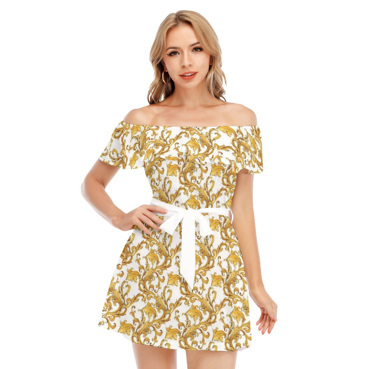 Golden Flowers White Off-shoulder Dress With Ruffle