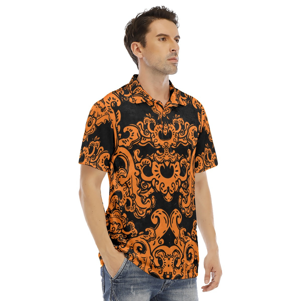 Orange & Black Baroque Pattern Men's Polo Shirt | Velvet