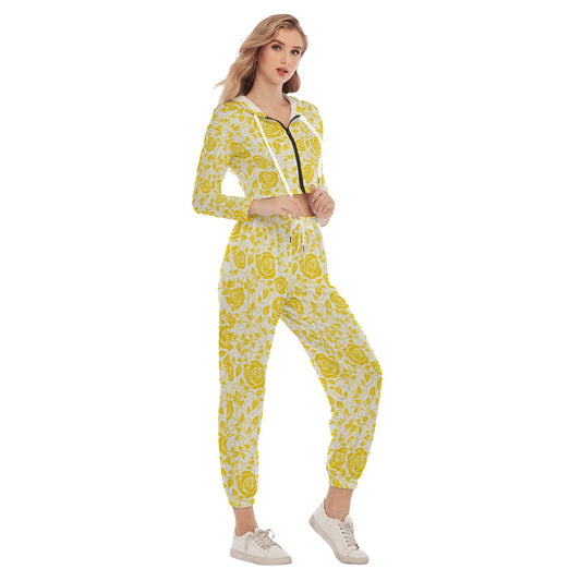 White & Yellow Roses Women's Crop Hoodie Sports Sets