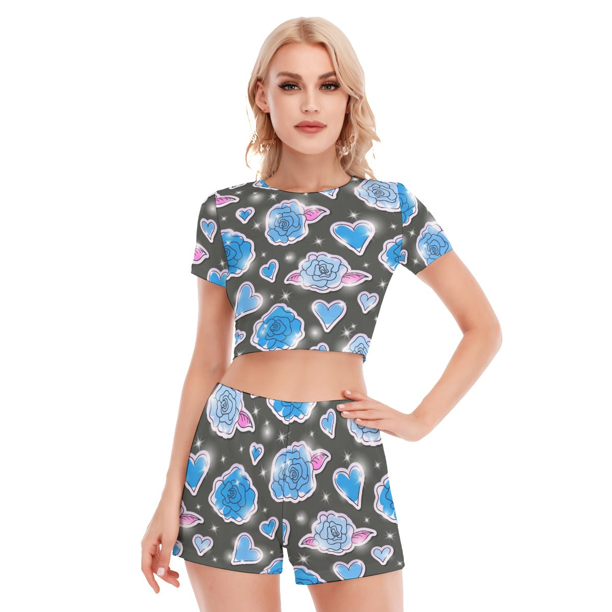 Blue Hearts & Roses Women's Short Sleeve Cropped Top Shorts Suit