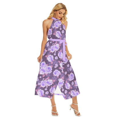 Beautiful Roses Women's Wrap Hem Belted Halter Dress