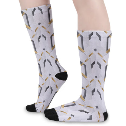 White Abstract Geometric Long Socks