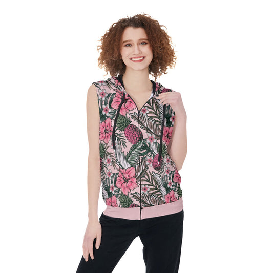 Women's Tropical Thailand Flowers Zip-up Sleeveless Hoodie