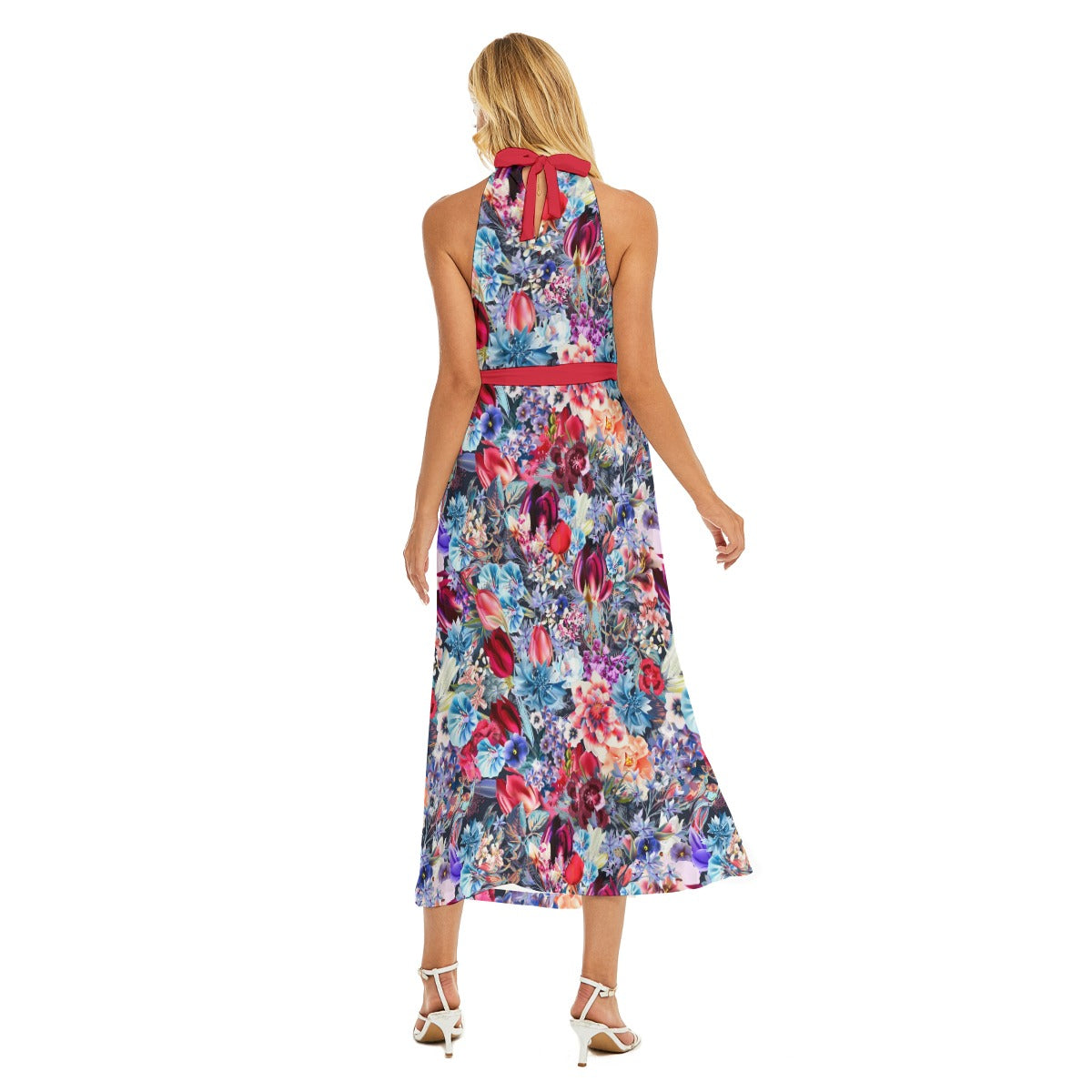 Beautiful Flowers Women's Wrap Hem Belted Halter Dress