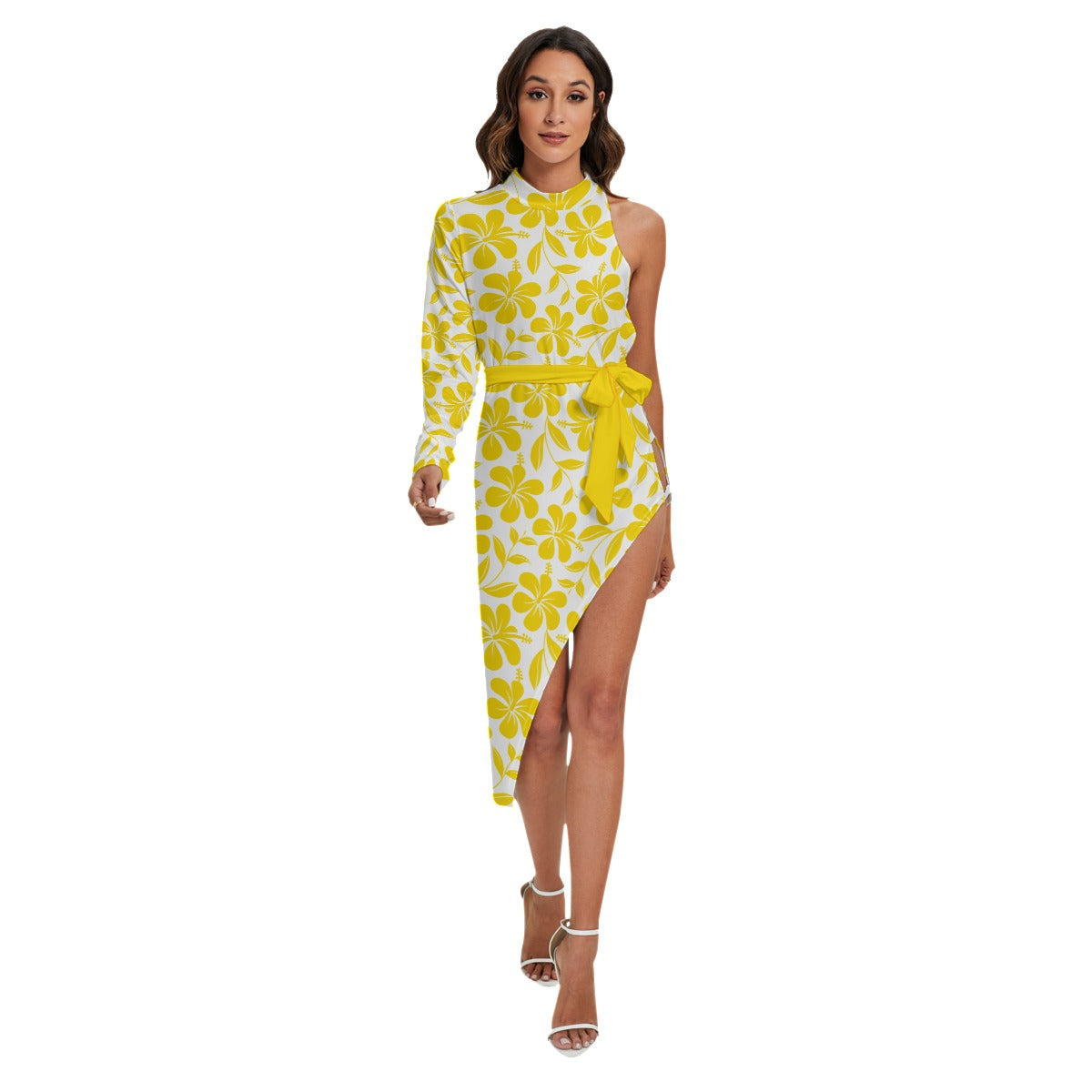 Yellow & White Tropical Hibiscus Flowers Women's Side Cutout Dress