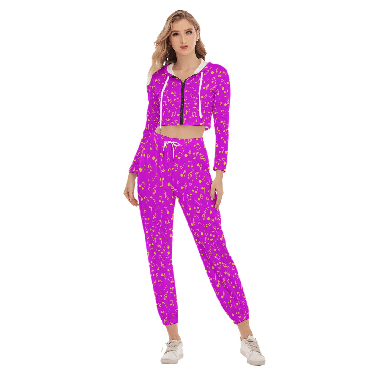 Purple & Gold Music Notes Women's Crop Hoodie Sports Sets