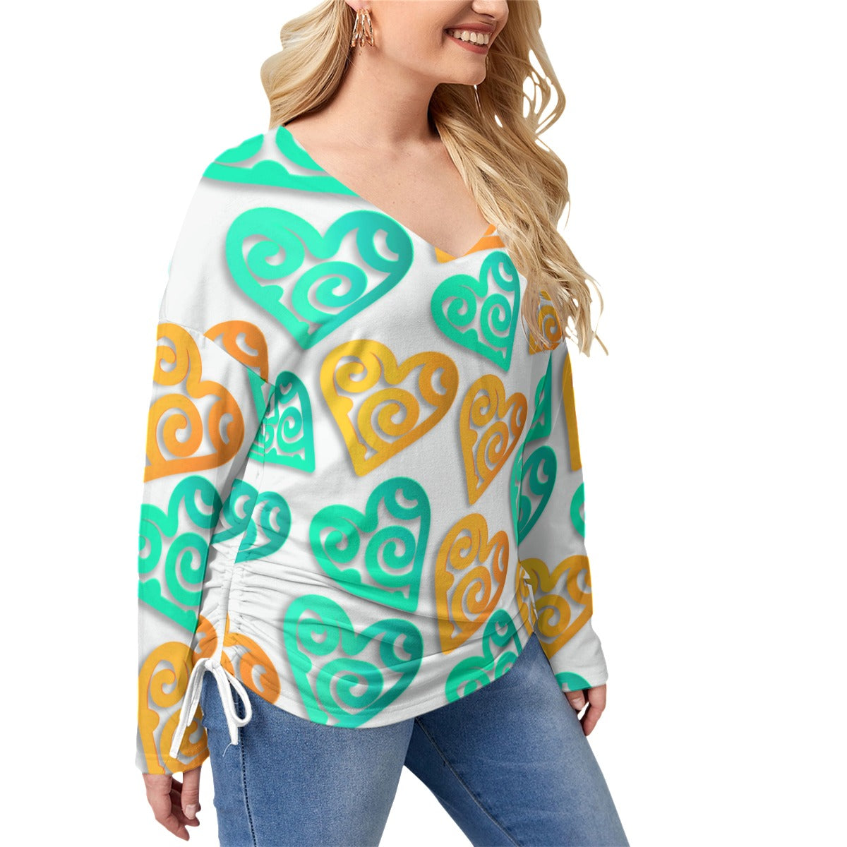 Colorful Paper Hearts Women’s V-neck T-shirt With Side Drawstring(Plus Size)