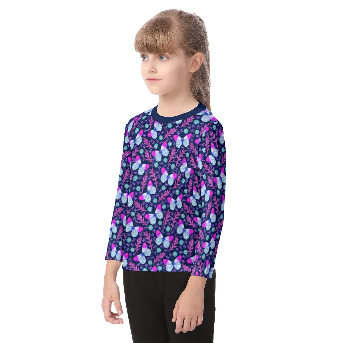 Butterflies and Flowers Girls O-neck Long Sleeve T-shirt