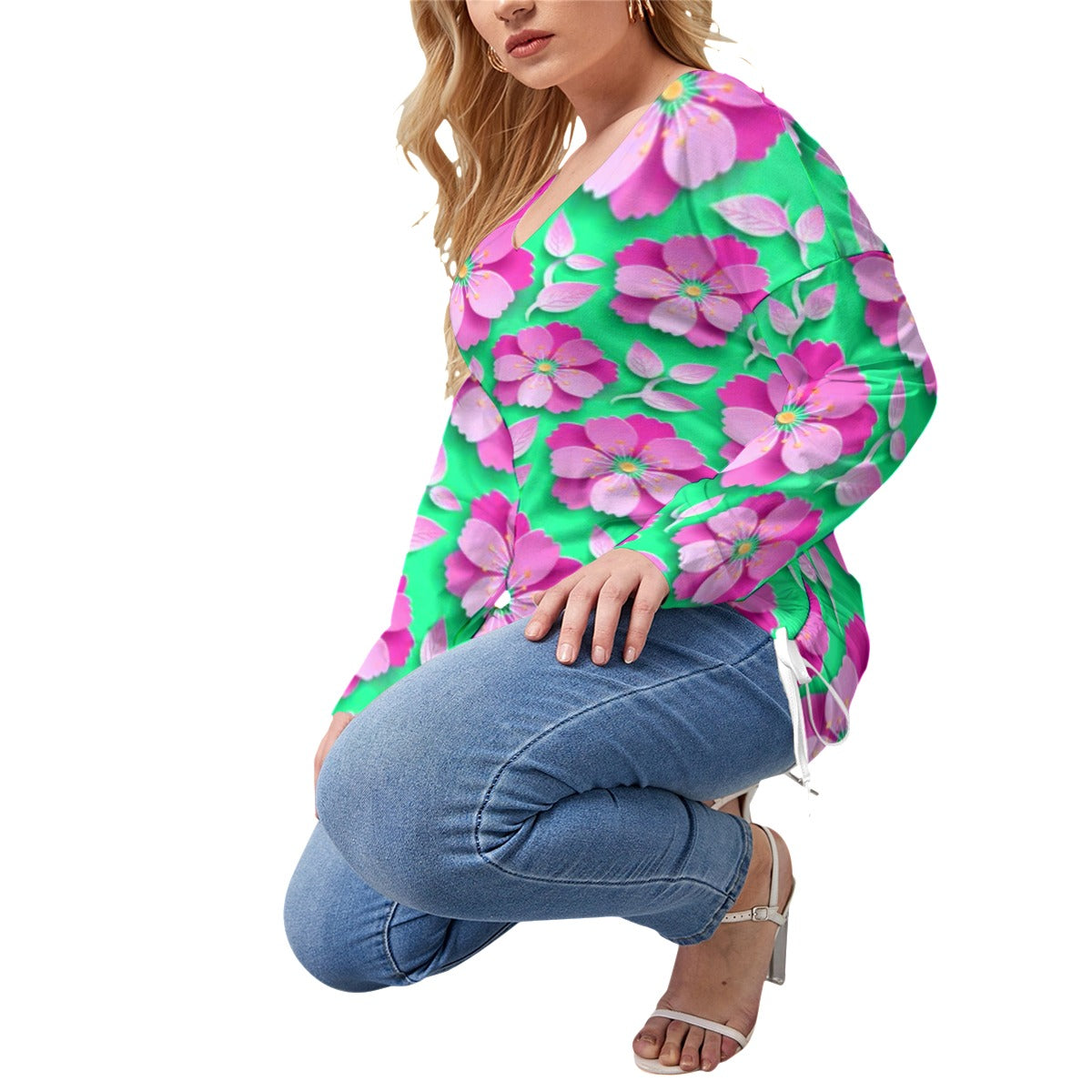 Teal With Pink Cherry Blossoms Women’s V-neck T-shirt With Side Drawstring(Plus Size)