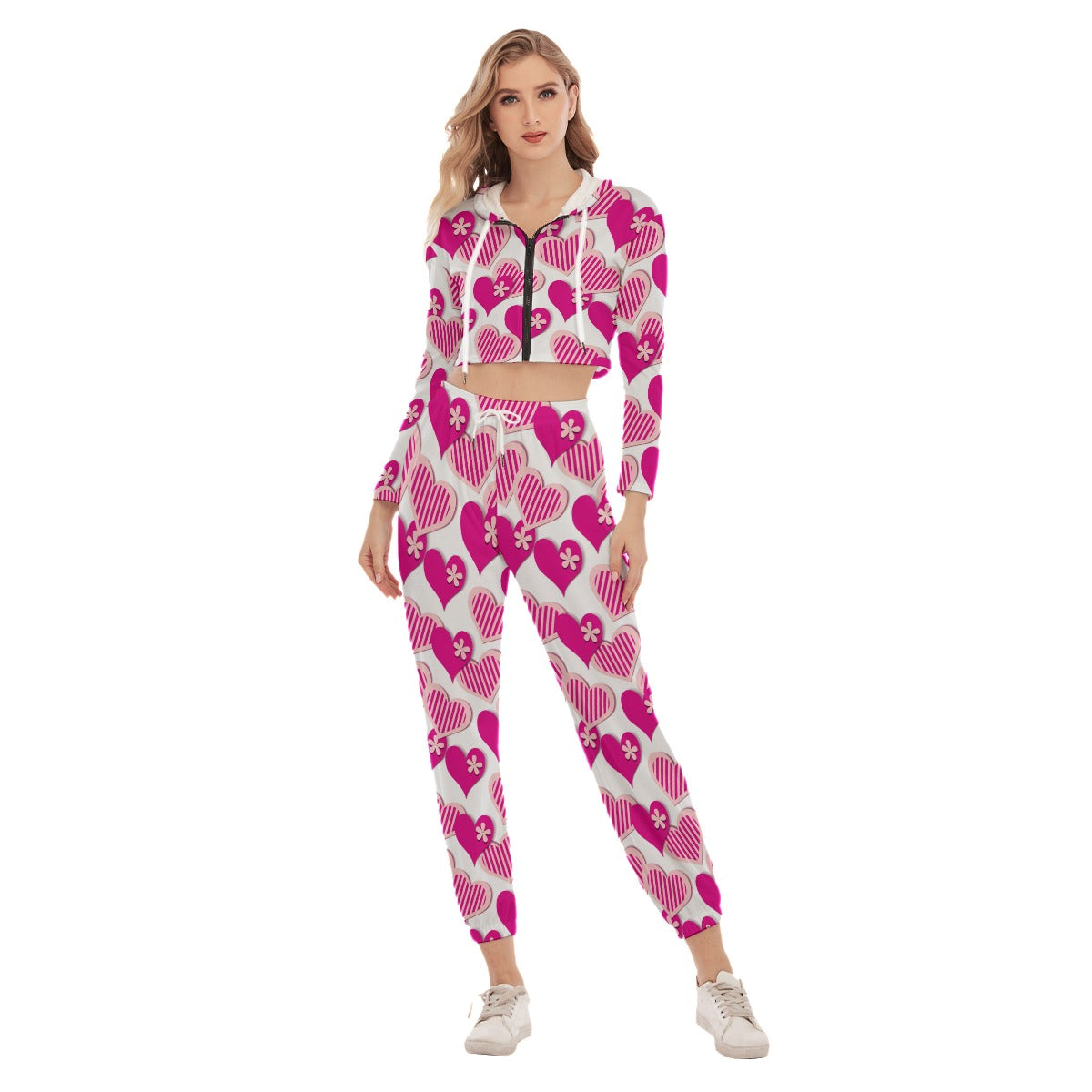 Cute Pink Hearts Women's Crop Hoodie Sports Sets