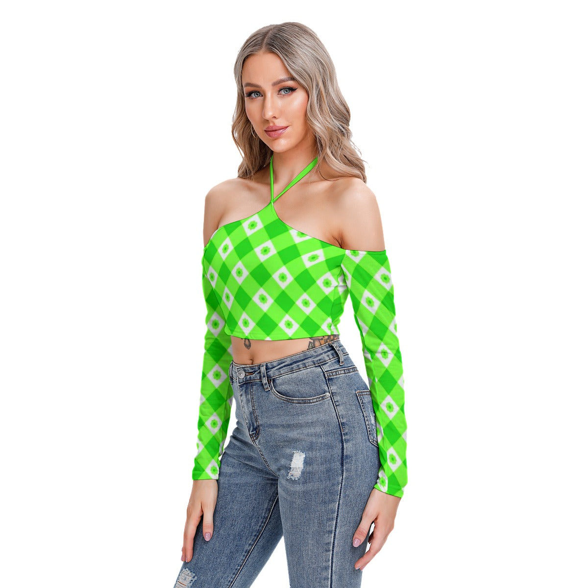 Green With White Flowers Women's Plaid Halter Lace-up Top